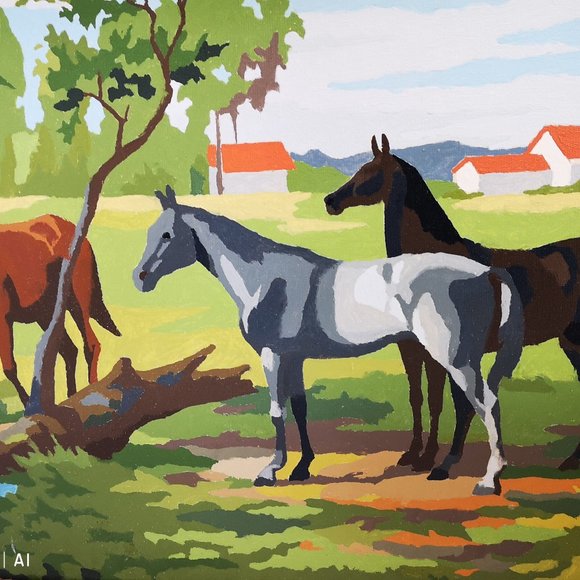 Paint by Numbers 1950s Horses in Pasture Farmyard - Picture 3 of 5